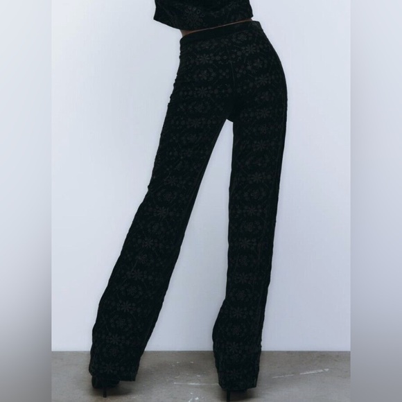 Zara Women’s Embroidered Eyelet Velvet Wide Leg High Rise Alina Pant - Size L - Picture 3 of 13